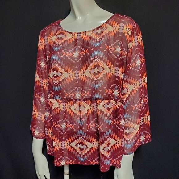 Arizona Jeans Company Red Southwestern Top (XL) - Picture 1 of 5